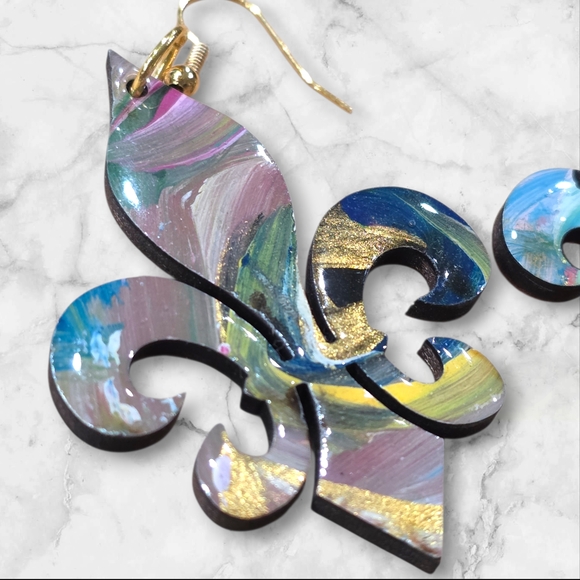 Hand Crafted Handmade Earrings Boho Wood Mardi Gras Fleur-de-Lis Casual- E013 - Picture 4 of 4